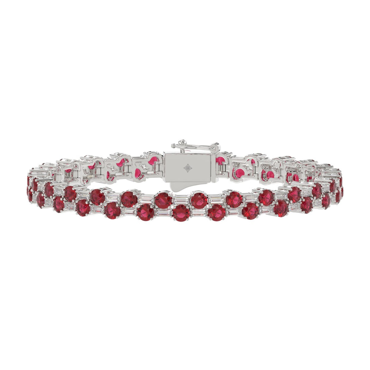 14K WHITE GOLD 9.00CT BAGUETTE/ROUND RUBY DIAMOND LADIES BRACELET (ROUND RUBY 7 3/4CT)