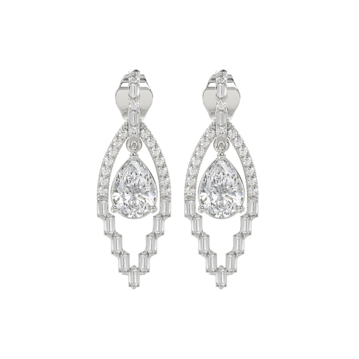 14K WHITE GOLD 2.00CT ROUND/BAGUETTE/PEAR DIAMOND LADIES EARRINGS