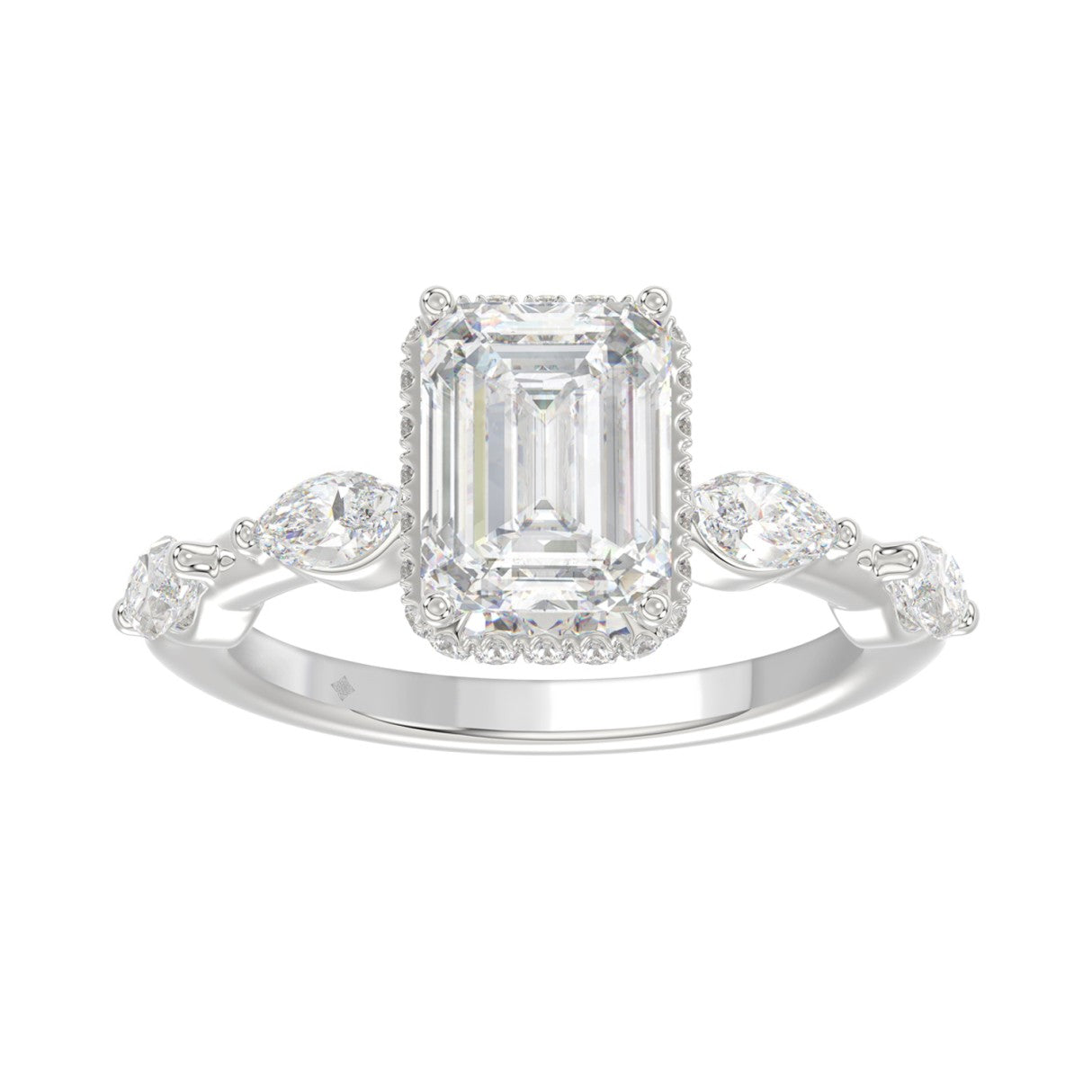 LADIES RING 3.50CT ROUND/MARQUISE/EMERALD DIAMOND 14K WHITE GOLD (CENTER STONE EMERALD DIAMOND 3.00CT)