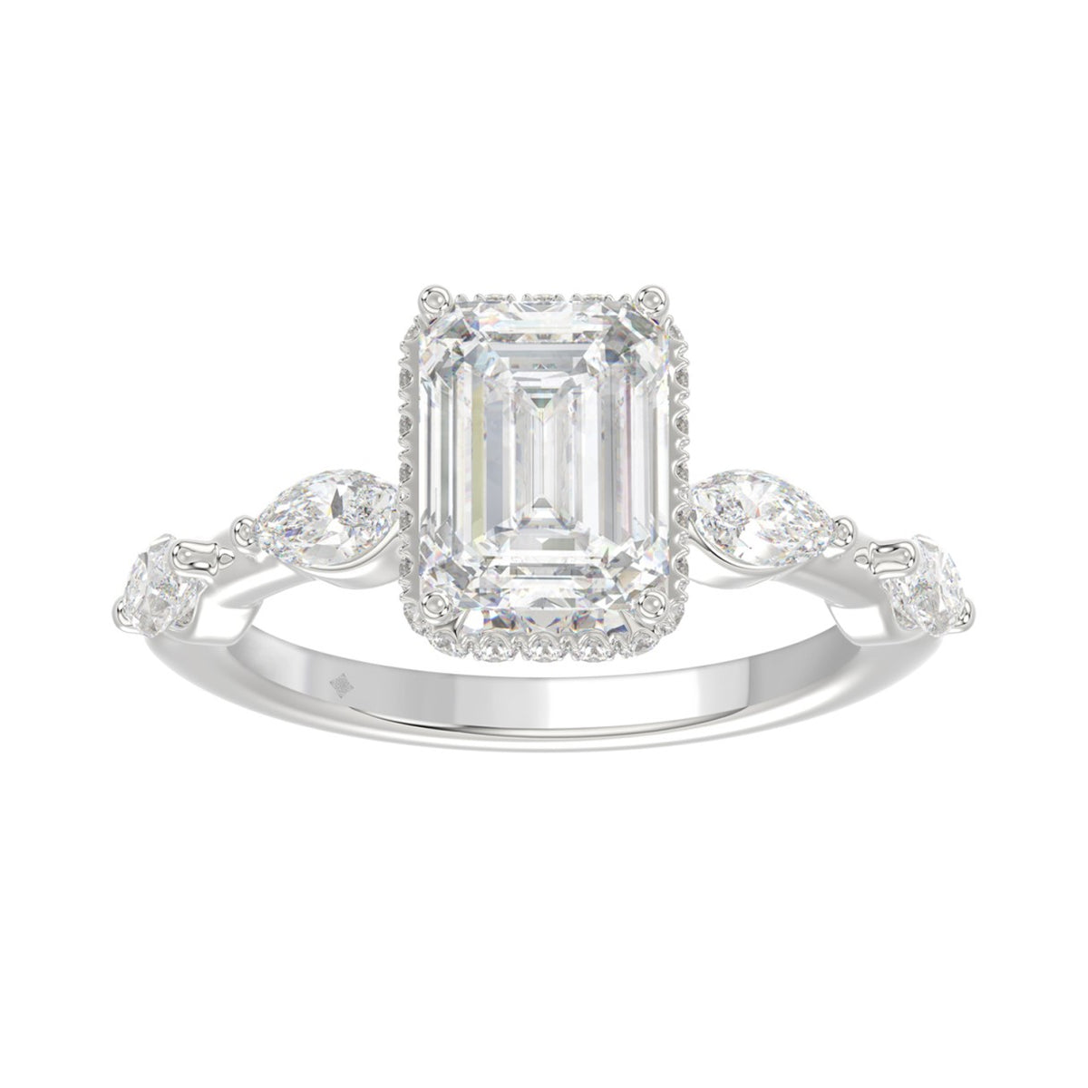 LADIES RING 3.50CT ROUND/MARQUISE/EMERALD DIAMOND 14K WHITE GOLD (CENTER STONE EMERALD DIAMOND 3.00CT)