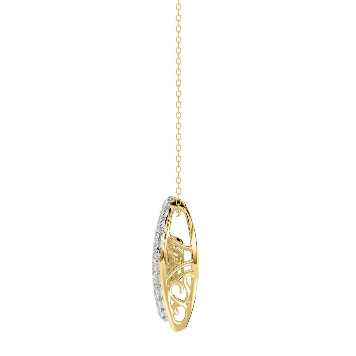 LADIES DANCING DIAMOND PENDANT WITH CHAIN 3/4CT ROUND/PEAR DIAMOND 14K YELLOW GOLD (CENTER STONE PEAR DIAMOND 1/2CT)