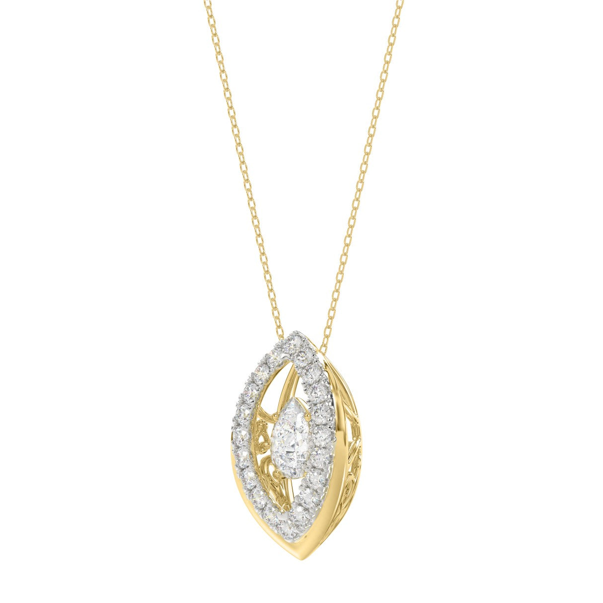LADIES DANCING DIAMOND PENDANT WITH CHAIN 3/4CT ROUND/PEAR DIAMOND 14K YELLOW GOLD (CENTER STONE PEAR DIAMOND 1/2CT)