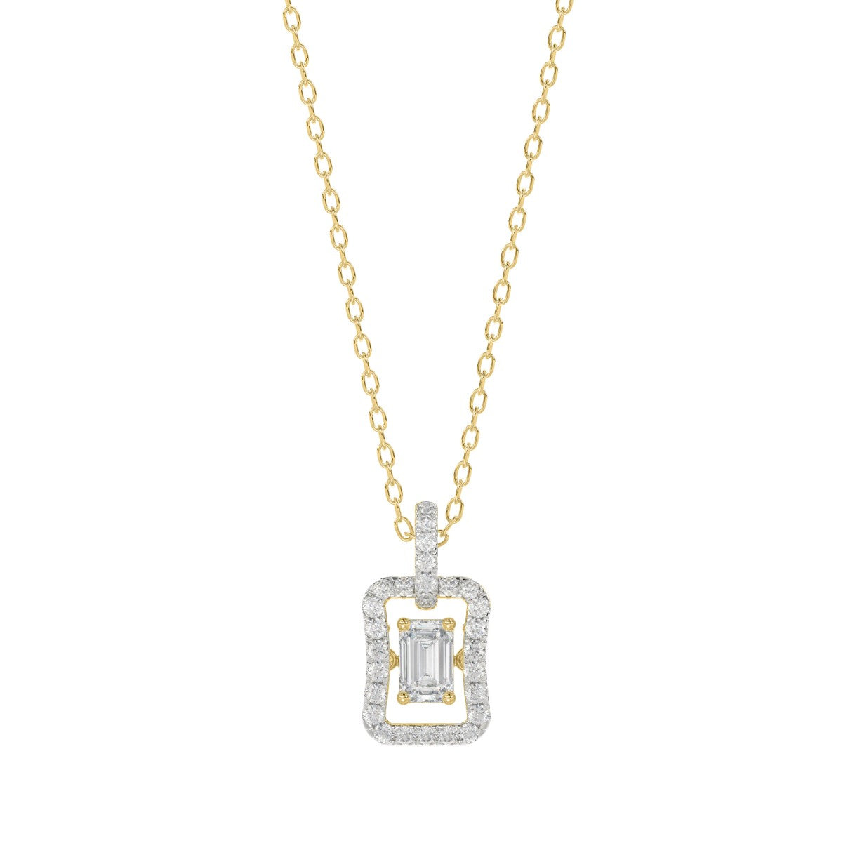 LADIES DANCING DIAMOND PENDANT WITH CHAIN 3/4CT ROUND/EMERALD DIAMOND 14K YELLOW GOLD (CENTER STONE EMERALD DIAMOND 1/2CT)