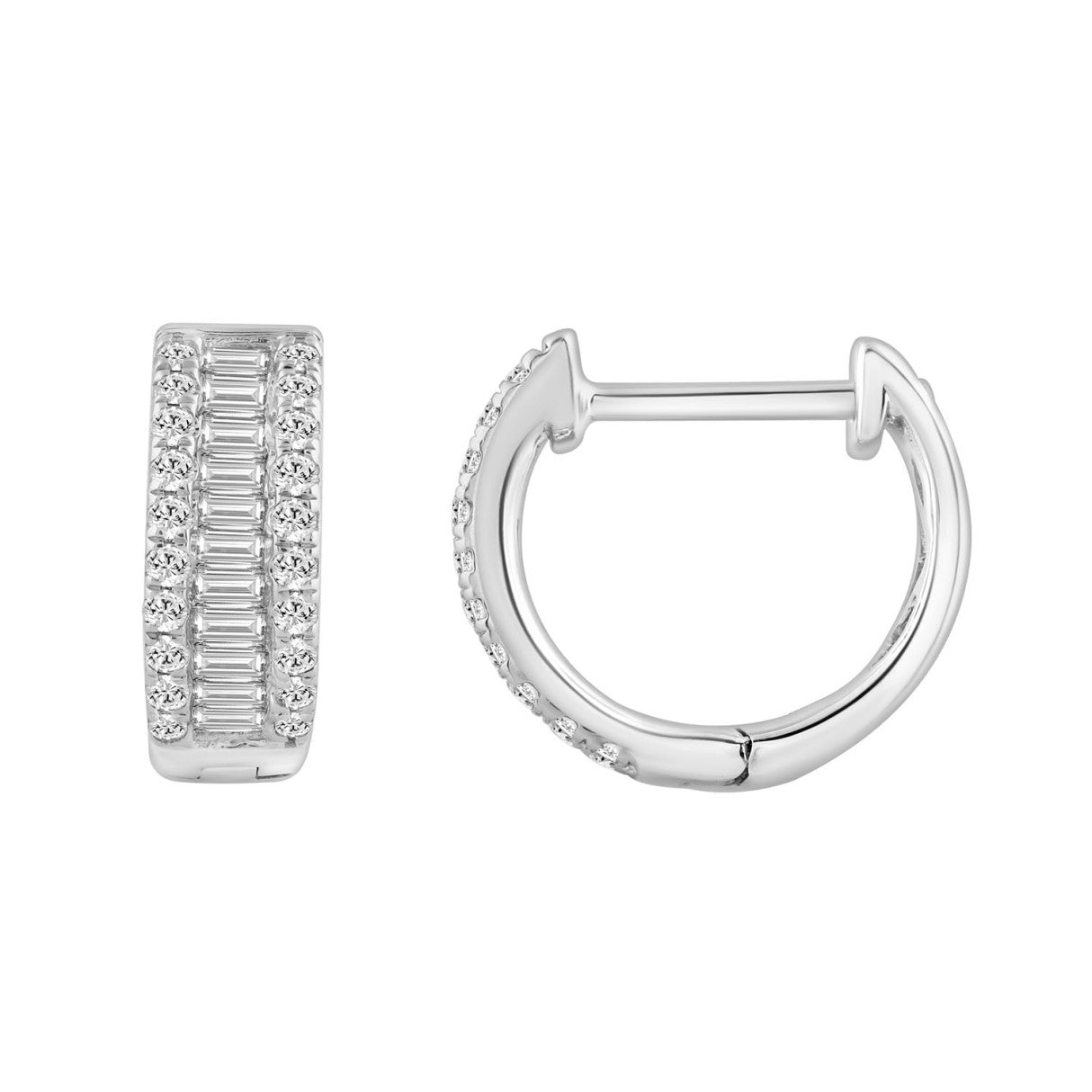 Classic 10K White Gold  Round & Baguette Lab Grown Diamond ladies Hoop Earrings 1/2CT (Color F-G -Clarity VS1/VS2)