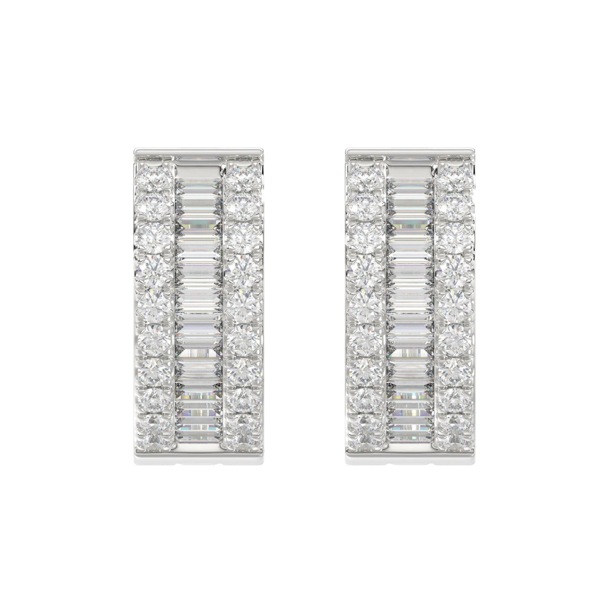 LADIES HOOP EARRINGS 3/8CT ROUND/BAGUETTE DIAMOND 14K WHITE GOLD 