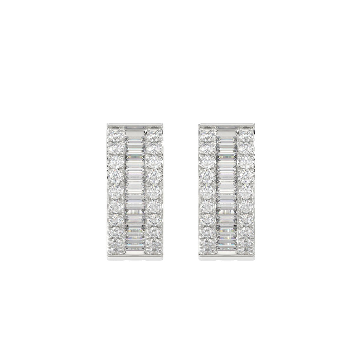 LADIES HOOP EARRINGS 3/8CT ROUND/BAGUETTE DIAMOND 14K WHITE GOLD 