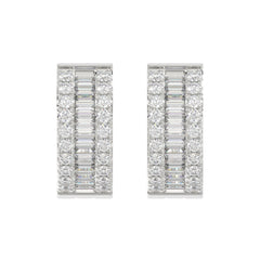 LADIES HOOP EARRINGS 3/8CT ROUND/BAGUETTE DIAMOND 14K WHITE GOLD 