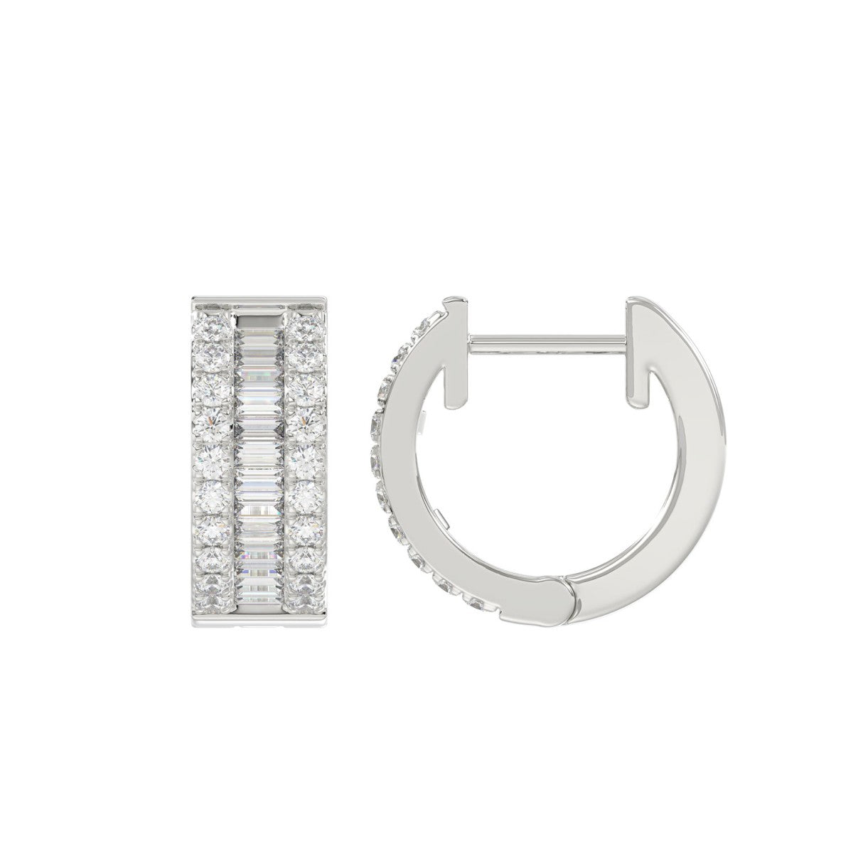 LADIES HOOP EARRINGS 3/8CT ROUND/BAGUETTE DIAMOND 14K WHITE GOLD 