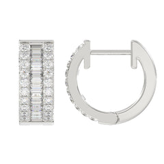LADIES HOOP EARRINGS 3/8CT ROUND/BAGUETTE DIAMOND 14K WHITE GOLD 