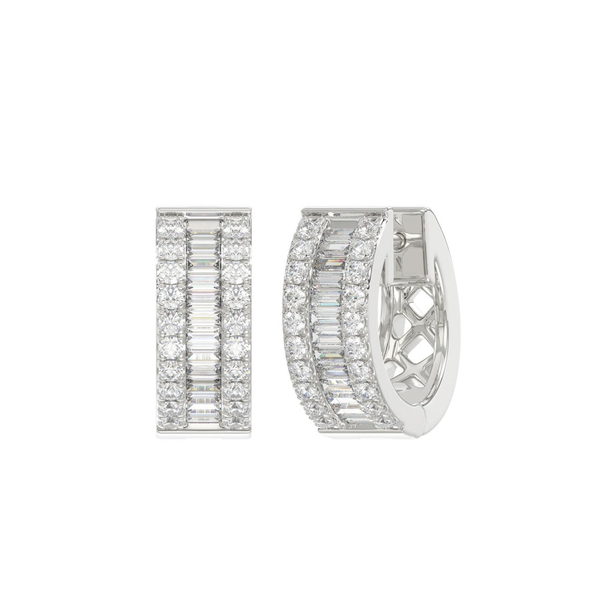 LADIES HOOP EARRINGS 3/8CT ROUND/BAGUETTE DIAMOND 14K WHITE GOLD 