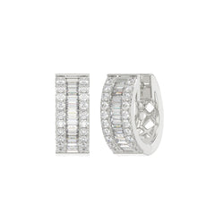 LADIES HOOP EARRINGS 3/8CT ROUND/BAGUETTE DIAMOND 14K WHITE GOLD 