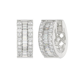 LADIES HOOP EARRINGS 3/8CT ROUND/BAGUETTE DIAMOND 14K WHITE GOLD 