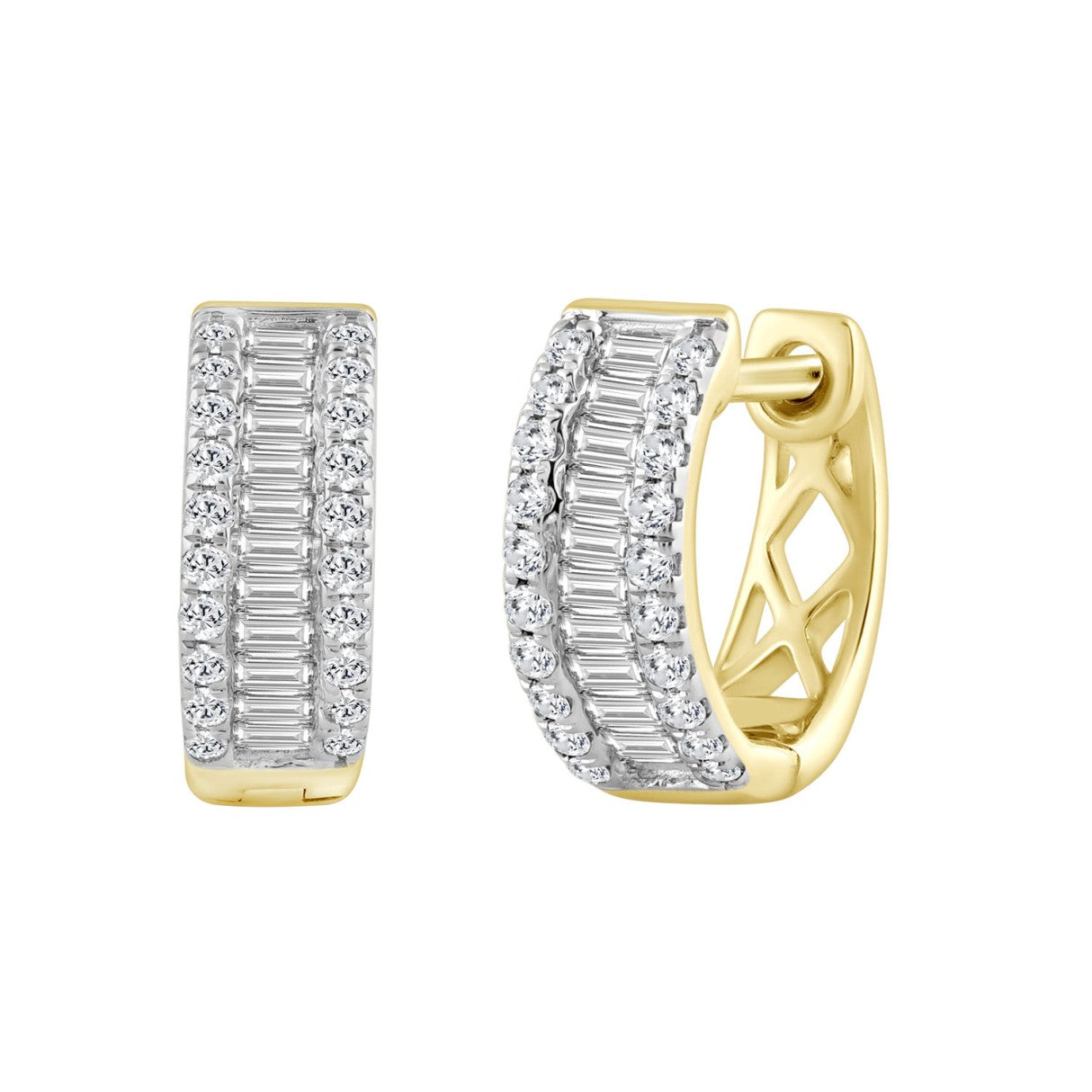 Classic 10K Yellow Gold  Round & Baguette Lab Grown Diamond ladies Hoop Earrings 1/2CT (Color F-G -Clarity VS1/VS2)