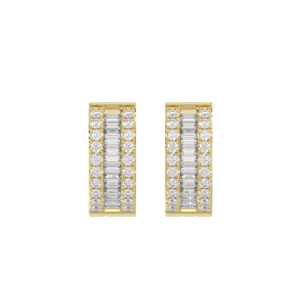 LADIES HOOP EARRINGS 3/8CT ROUND/BAGUETTE DIAMOND 14K YELLOW GOLD 