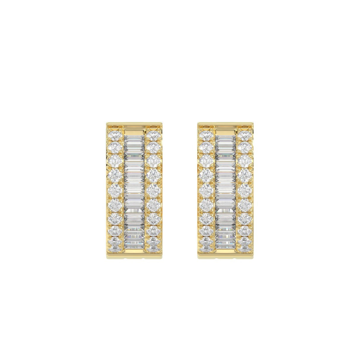 LADIES HOOP EARRINGS 3/8CT ROUND/BAGUETTE DIAMOND 14K YELLOW GOLD 