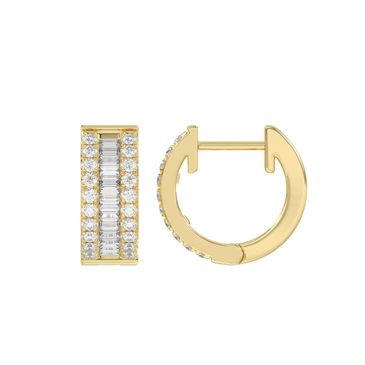 LADIES HOOP EARRINGS 3/8CT ROUND/BAGUETTE DIAMOND 14K YELLOW GOLD 