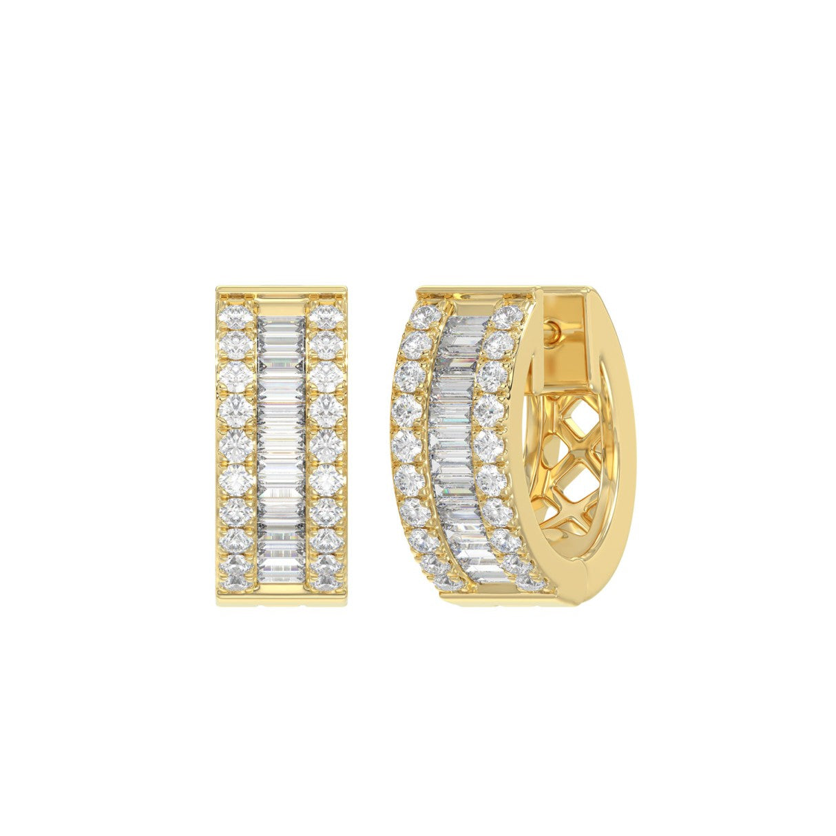 LADIES HOOP EARRINGS 3/8CT ROUND/BAGUETTE DIAMOND 14K YELLOW GOLD 