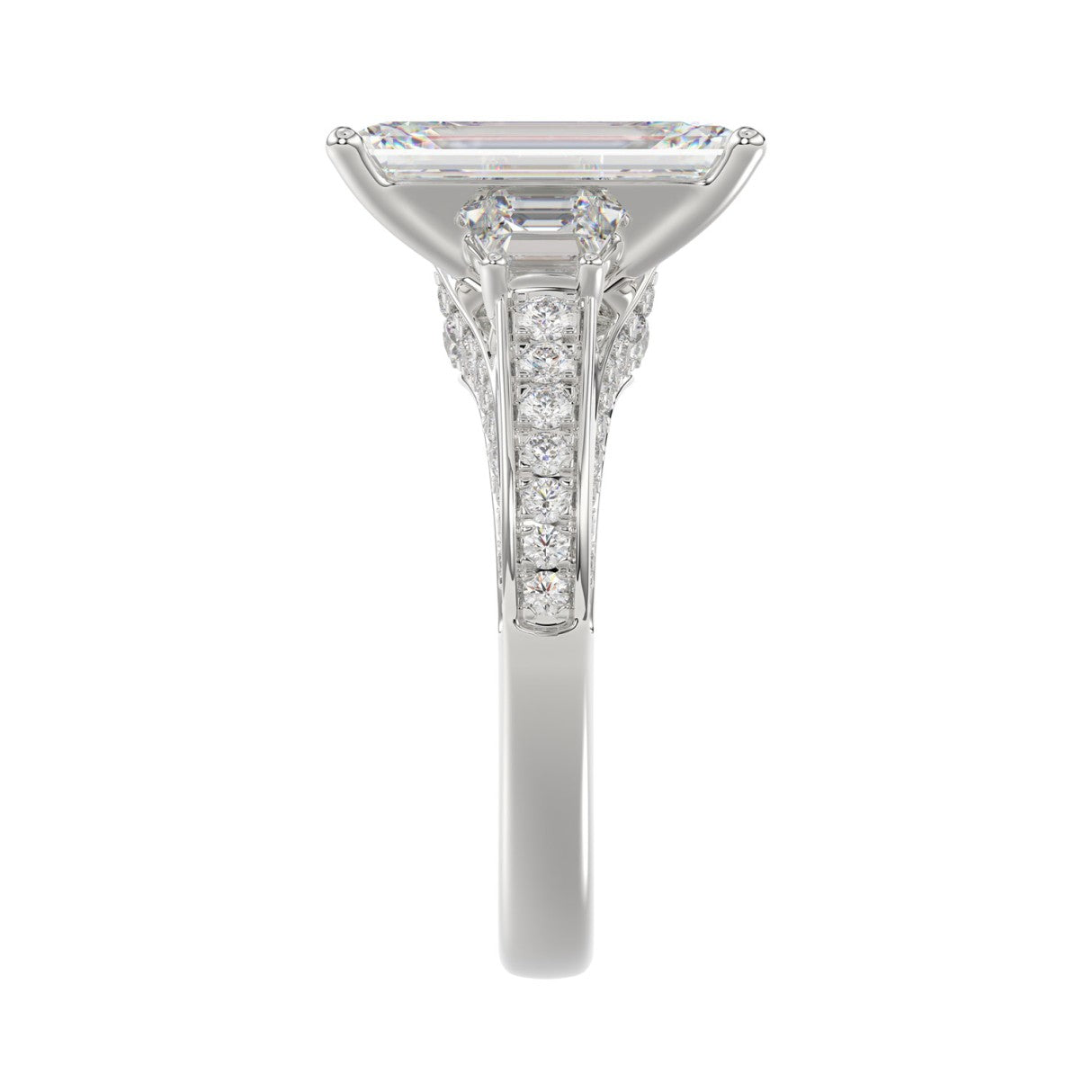 Luxury 14K White Gold Ladies Diamond Ring 4.00CT Round, Emerald &amp; Trapezoid Diamonds with 3.00CT Emerald  Center stone (Color F-G -Clarity VS1/VS2