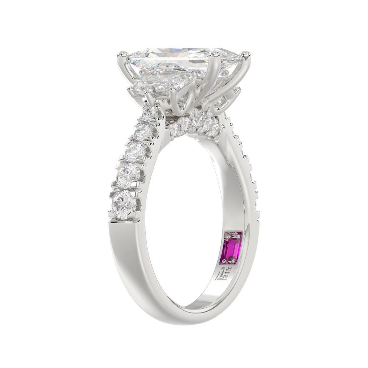 21K PLATINUM LADIES RING WITH 3 1/3CT ROUND/CUSHION/BAGUETTE DIAMONDS (CENTER STONE CUSHION DIAMOND 2CT)