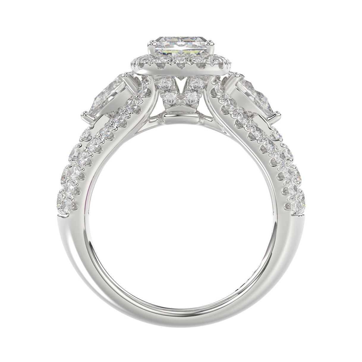 Ladies 14K White Gold 3 1/2CT Featuring Fashion Ring  with Round, Pear & Cushion Diamond 2.00CT Cushion  Center stone (Color F-G -Clarity VS1/VS2)