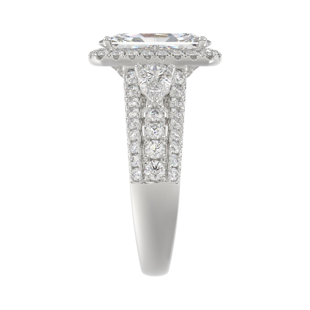 Ladies 14K White Gold 3 1/2CT Featuring Fashion Ring  with Round, Pear & Cushion Diamond 2.00CT Cushion  Center stone (Color F-G -Clarity VS1/VS2)