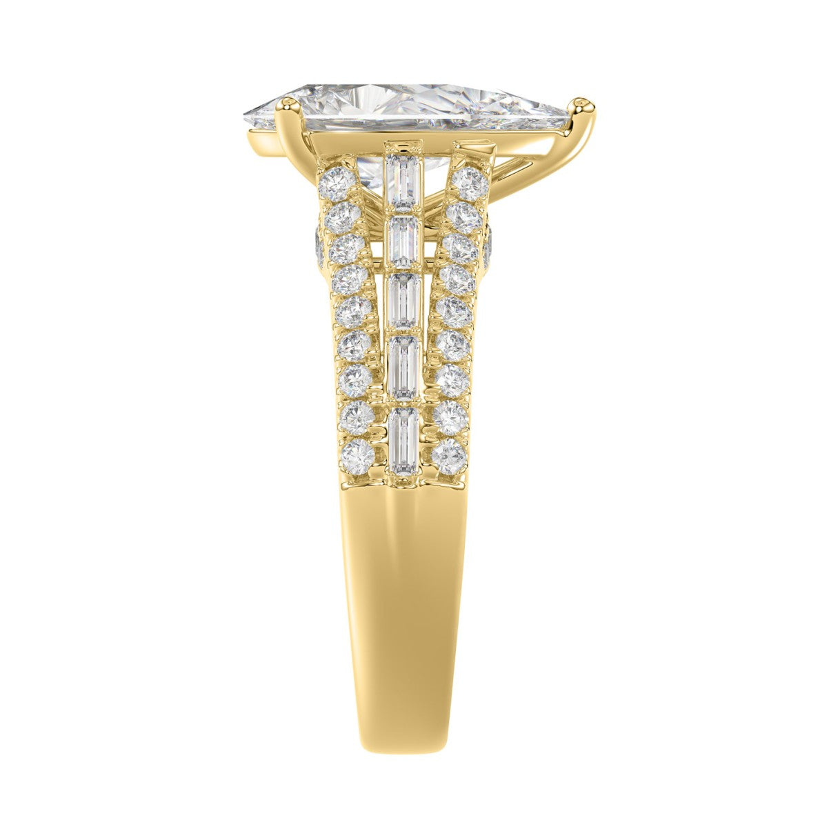 Luxury 14K Yellow Gold Ladies Diamond Ring 2 3/4CT Round Pear & Baguette Diamonds with 2.00CT  Pear  Center stone (Color F-G -Clarity VS1/VS2)