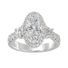 14K White Gold Halo Engagement Ring with Side Stones, 3 1/4CT Round, Baguette,Trapezoid Diamond & 2.00CT Oval Center stone (Color F-G -Clarity VS1/VS2)