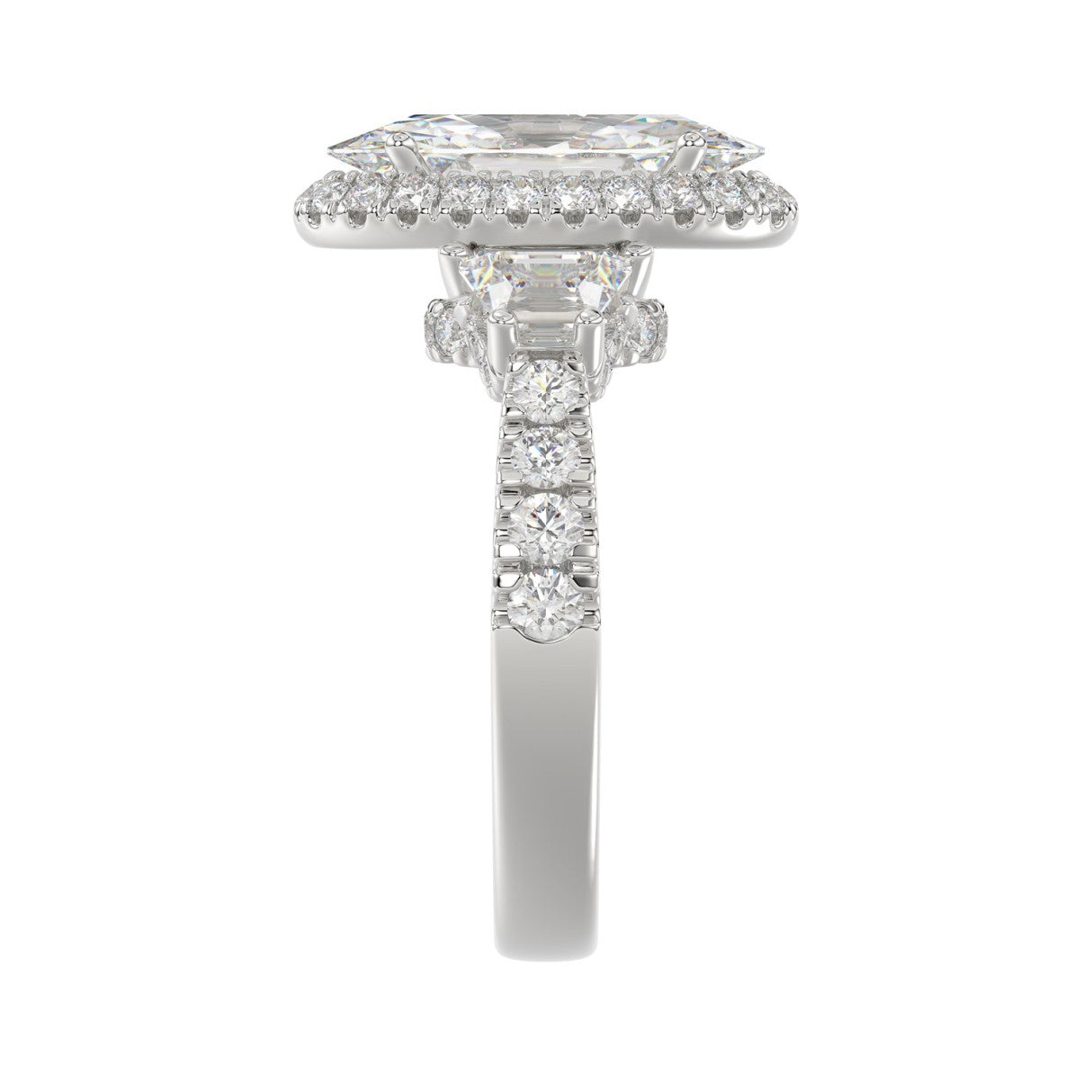 14K White Gold Halo Engagement Ring with Side Stones, 3 1/4CT Round, Baguette,Trapezoid Diamond & 2.00CT Oval Center stone (Color F-G -Clarity VS1/VS2