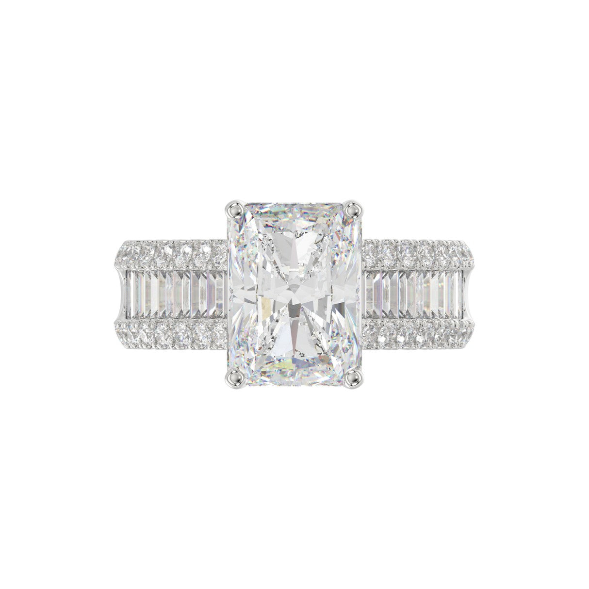 14K WHITE GOD 1 1/4CT ROUND/BAGUETTE/RADIANT DIAMOND SEMI MOUNT LADIES RING (CENTER STONE RADIANT DIAMOND 4.00CT)