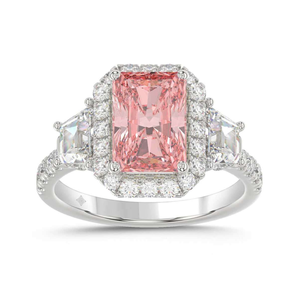 14K WHITE GOLD 4 1/4CT ROUND/RADIANT/TRAPEZOID DIAMOND LADIES RING (CENTER STONE PINK RADIANT DIAMOND 3.00CT)