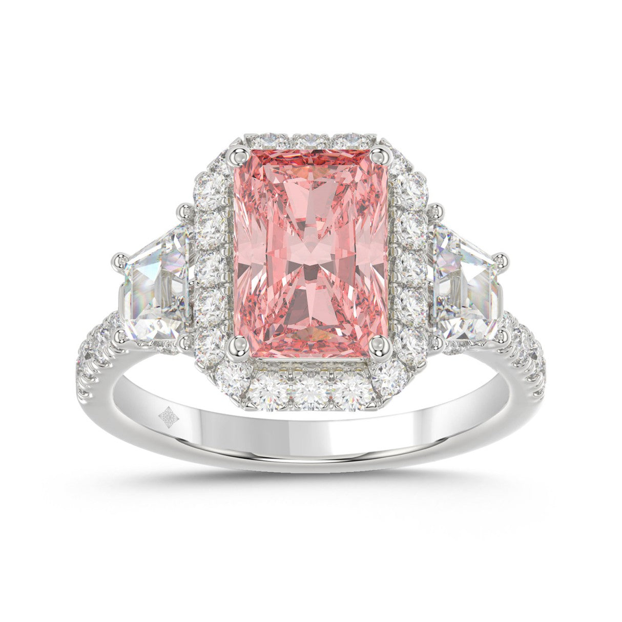 14K WHITE GOLD 4 1/4CT ROUND/RADIANT/TRAPEZOID DIAMOND LADIES RING (CENTER STONE PINK RADIANT DIAMOND 3.00CT)