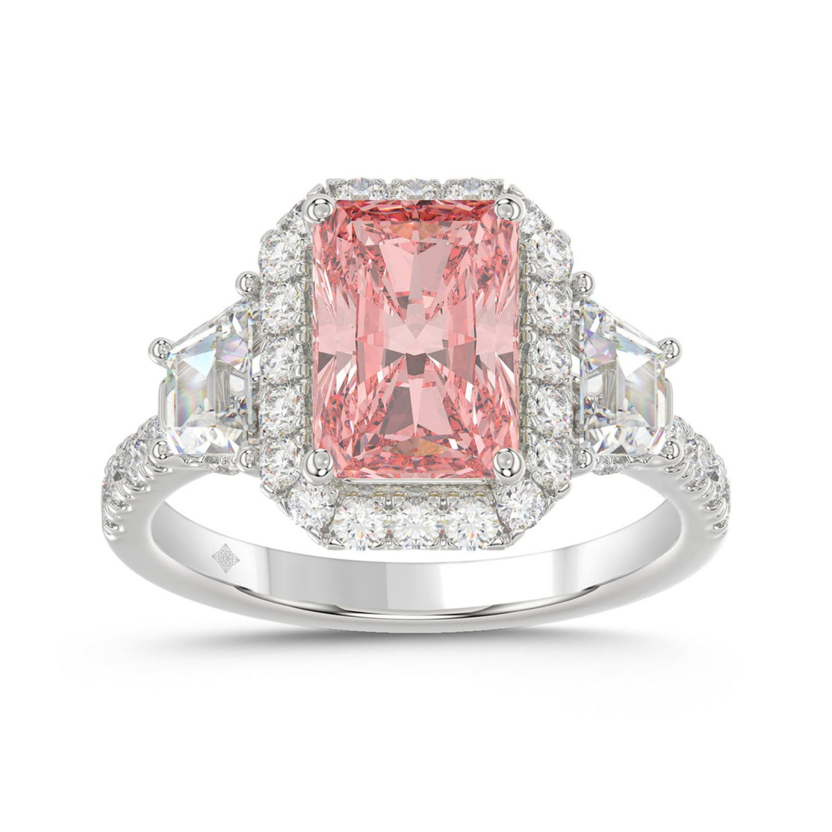 14K WHITE GOLD 4 1/4CT ROUND/RADIANT/TRAPEZOID DIAMOND LADIES RING (CENTER STONE PINK RADIANT DIAMOND 3.00CT)