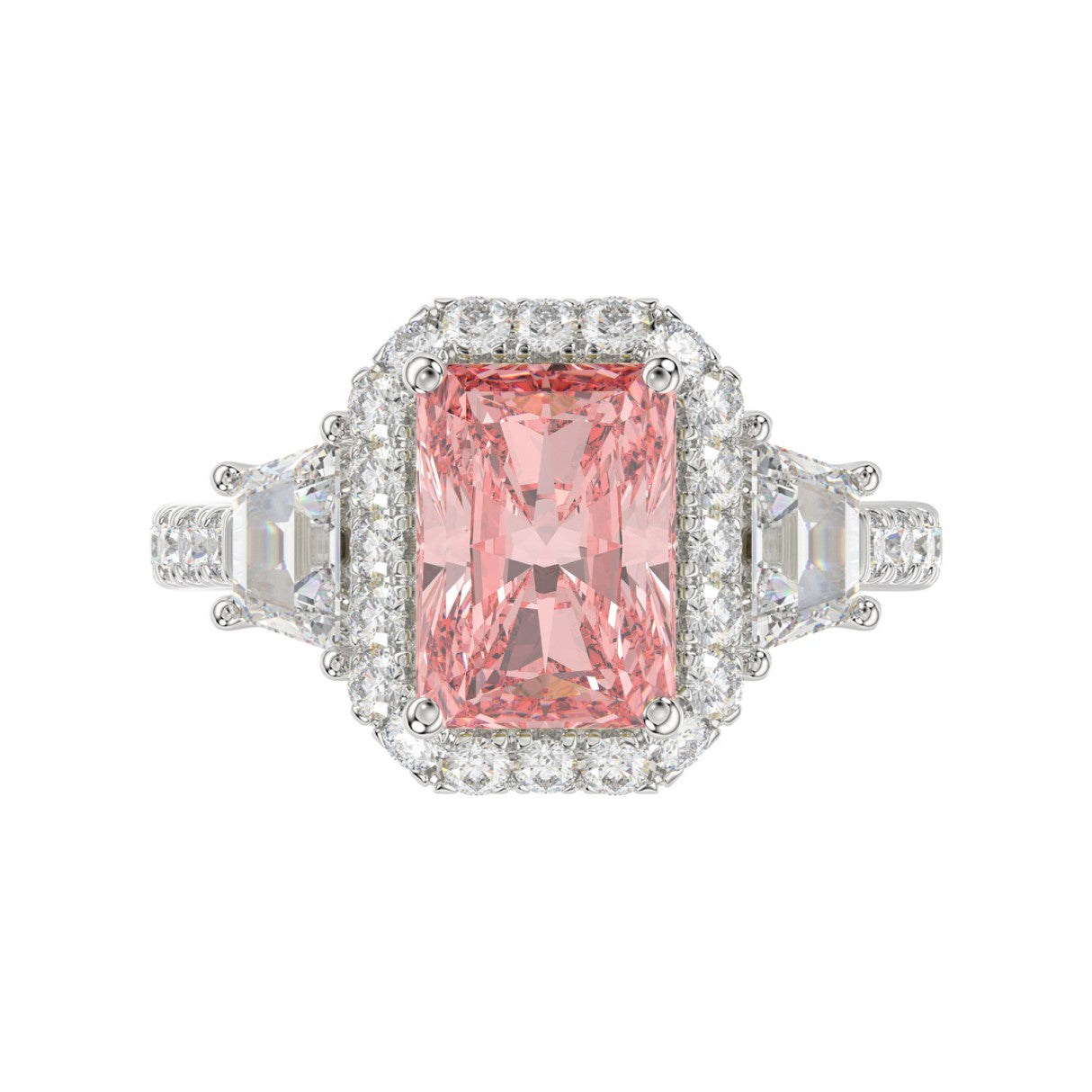 14K WHITE GOLD 4 1/4CT ROUND/RADIANT/TRAPEZOID DIAMOND LADIES RING (CENTER STONE PINK RADIANT DIAMOND 3.00CT)