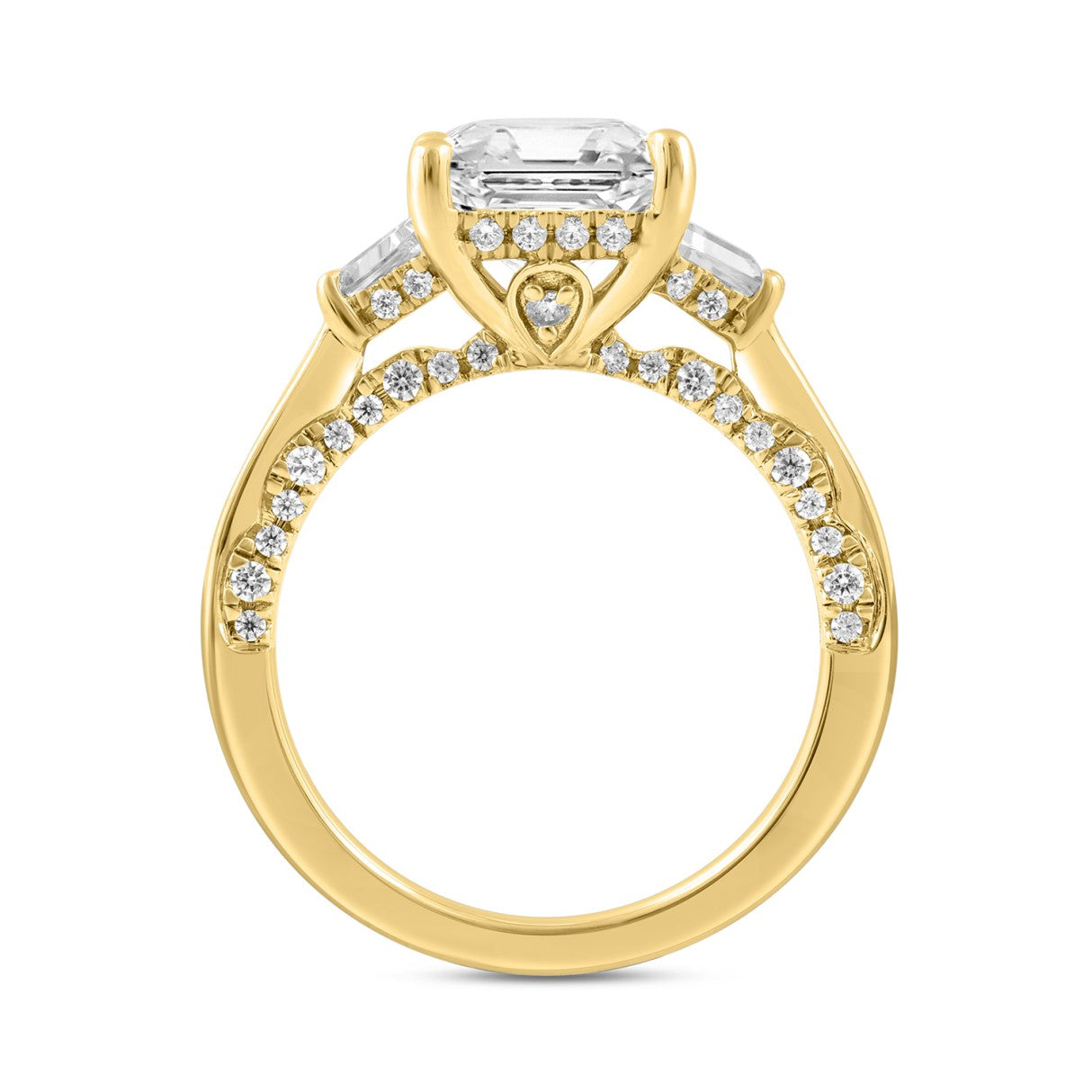 Luxury 14K Yellow Gold 4 1/4Ct Radiant & Round Lab Grown Diamond Engagement Ring 3.00Ct Radiant Center Stone With Trapezoid & Baguette Side Stones Tri