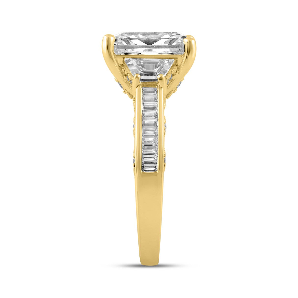 Luxury 14K Yellow Gold 4 1/4Ct Radiant & Round Lab Grown Diamond Engagement Ring 3.00Ct Radiant Center Stone With Trapezoid & Baguette Side Stones Tri