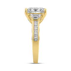 Luxury 14K Yellow Gold 4 1/4Ct Radiant & Round Lab Grown Diamond Engagement Ring 3.00Ct Radiant Center Stone With Trapezoid & Baguette Side Stones Trilogy Three Stone Ring For Women (Color F-G Clarity Vs1/Vs2)