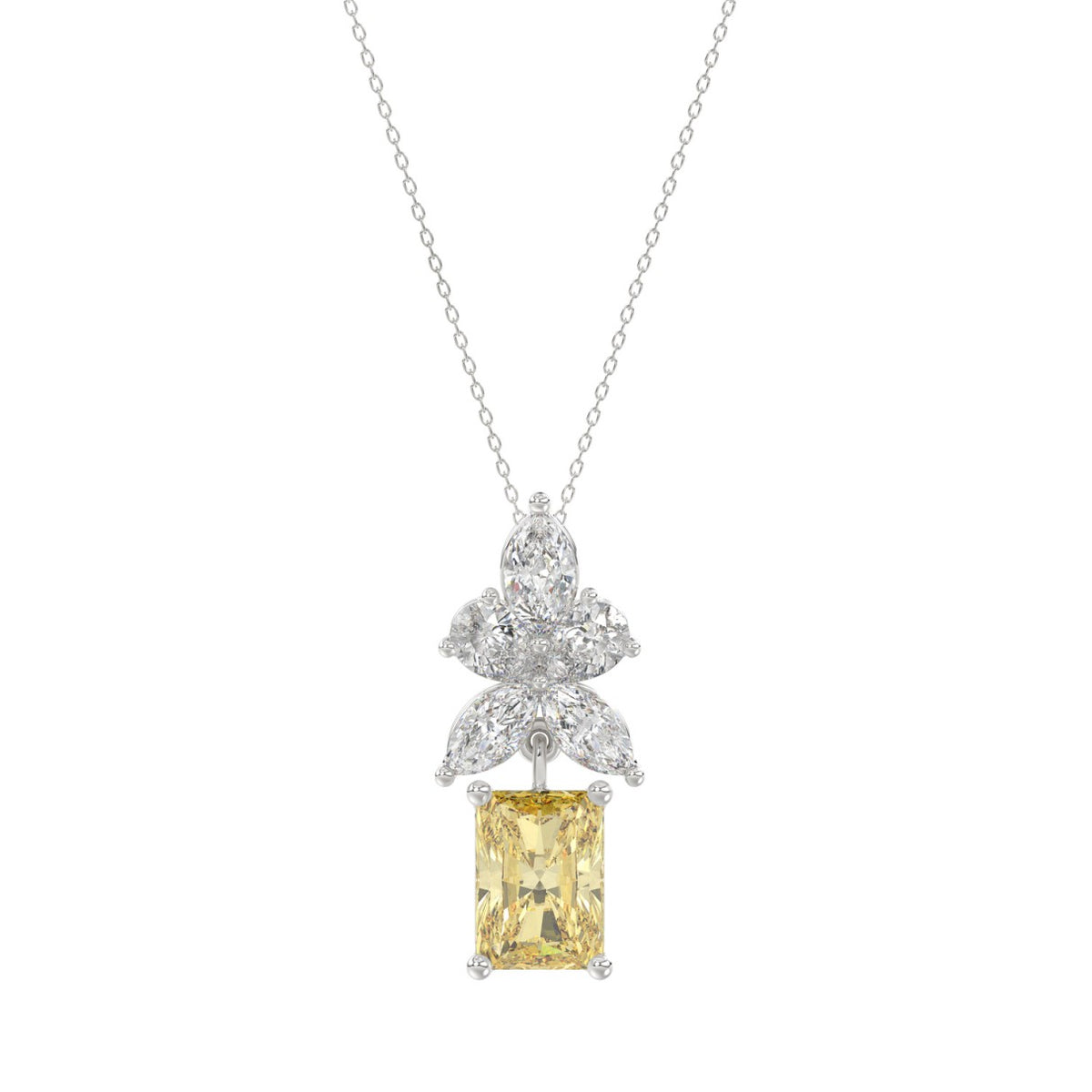 14K WHITE GOLD 2 1/4CT PEAR/MARQUISE/RADIANT DIAMOND LADIES PENDANT WITH CHAIN (CENTER STONE YELLOW RADIANT DIAMOND 1 1/2CT)