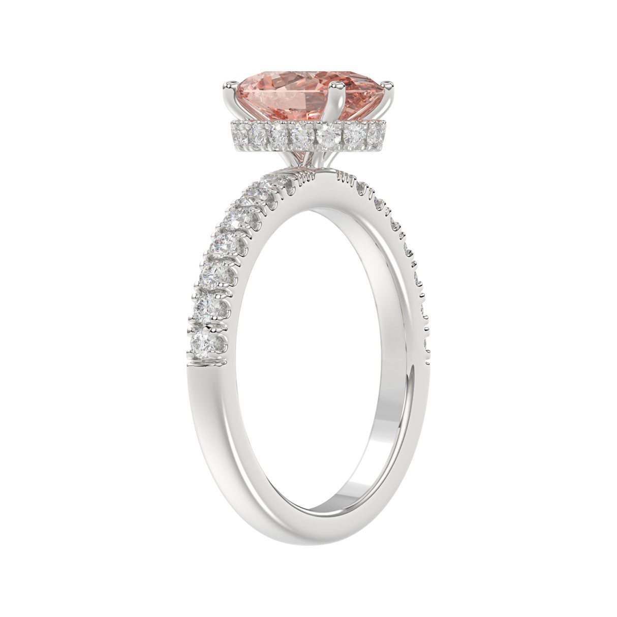 ETERNAL BLUSH COLLECTION 14K WHITE GOLD 2 1/2CT ROUND/OVAL DIAMOND LADIES RING(CENTER STONE PINK OVAL DIAMOND 2CT)