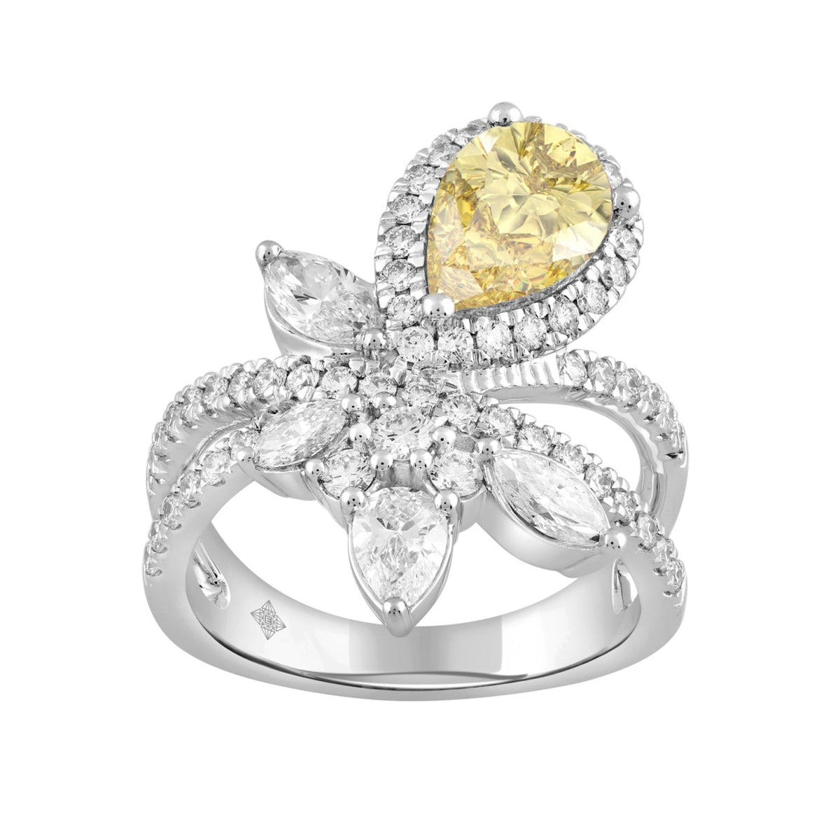 14K WHITE GOLD 3.00CT ROUND/PEAR/MARQUISE DIAMOND LADIES RING (CENTER STONE YELLOW PEAR DIAMOND 1 1/2CT)