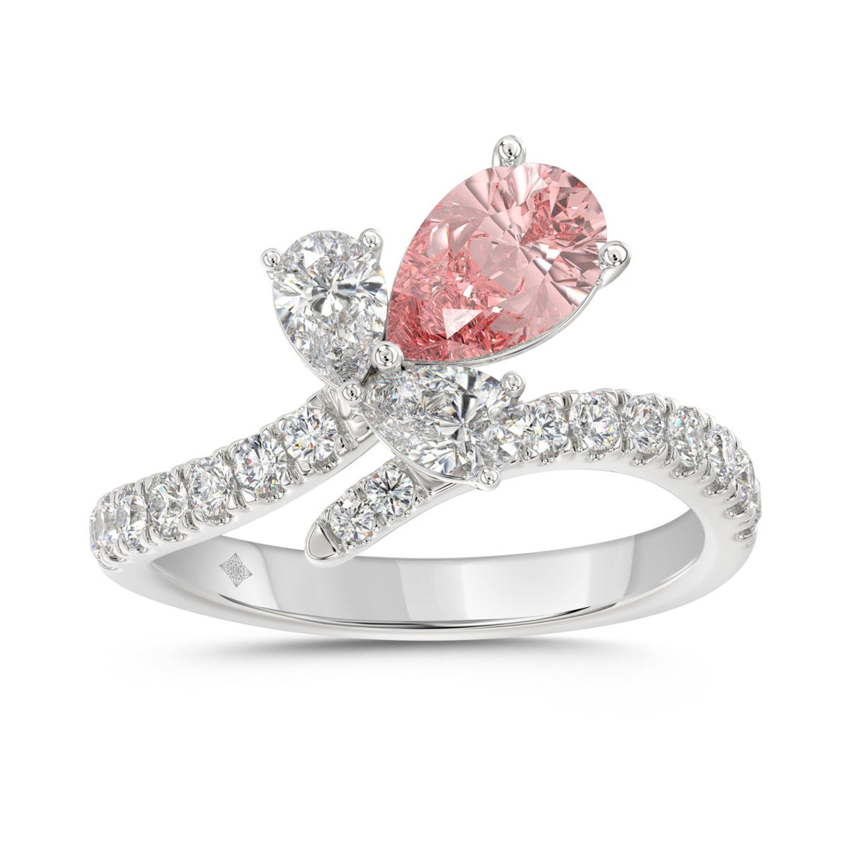 ETERNAL BLUSH COLLECTION 14K WHITE GOLD 1 3/4CT ROUND/PEAR/PINK PEAR DIAMOND LADIES RING (CENTER STONE PINK PEAR DIAMOND 1.00CT)