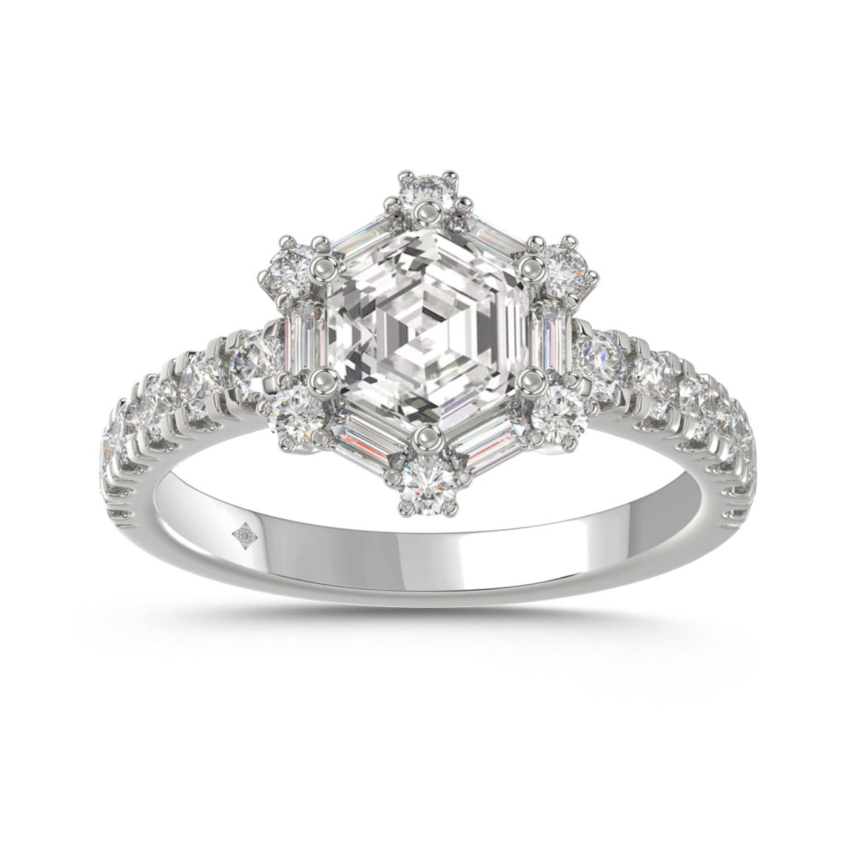 14K WHITE GOLD 1 3/4CT ROUND/BAGUETTE/HEXAGON STEP CUT DIAMOND LADIES RING