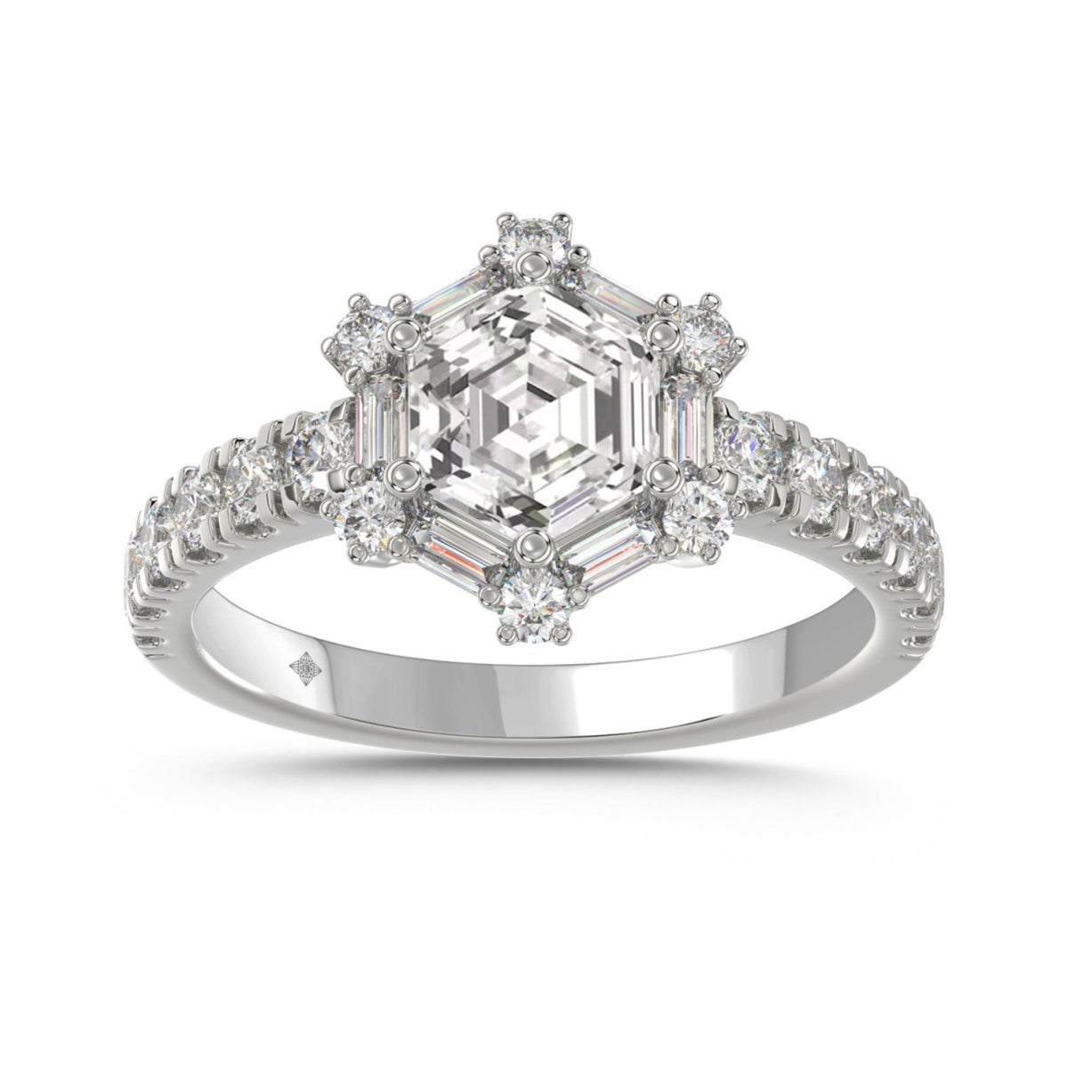 14K WHITE GOLD 1 3/4CT ROUND/BAGUETTE/HEXAGON STEP CUT DIAMOND LADIES RING