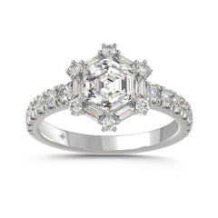 14K WHITE GOLD 1 3/4CT ROUND/BAGUETTE/HEXAGON STEP CUT DIAMOND LADIES RING
