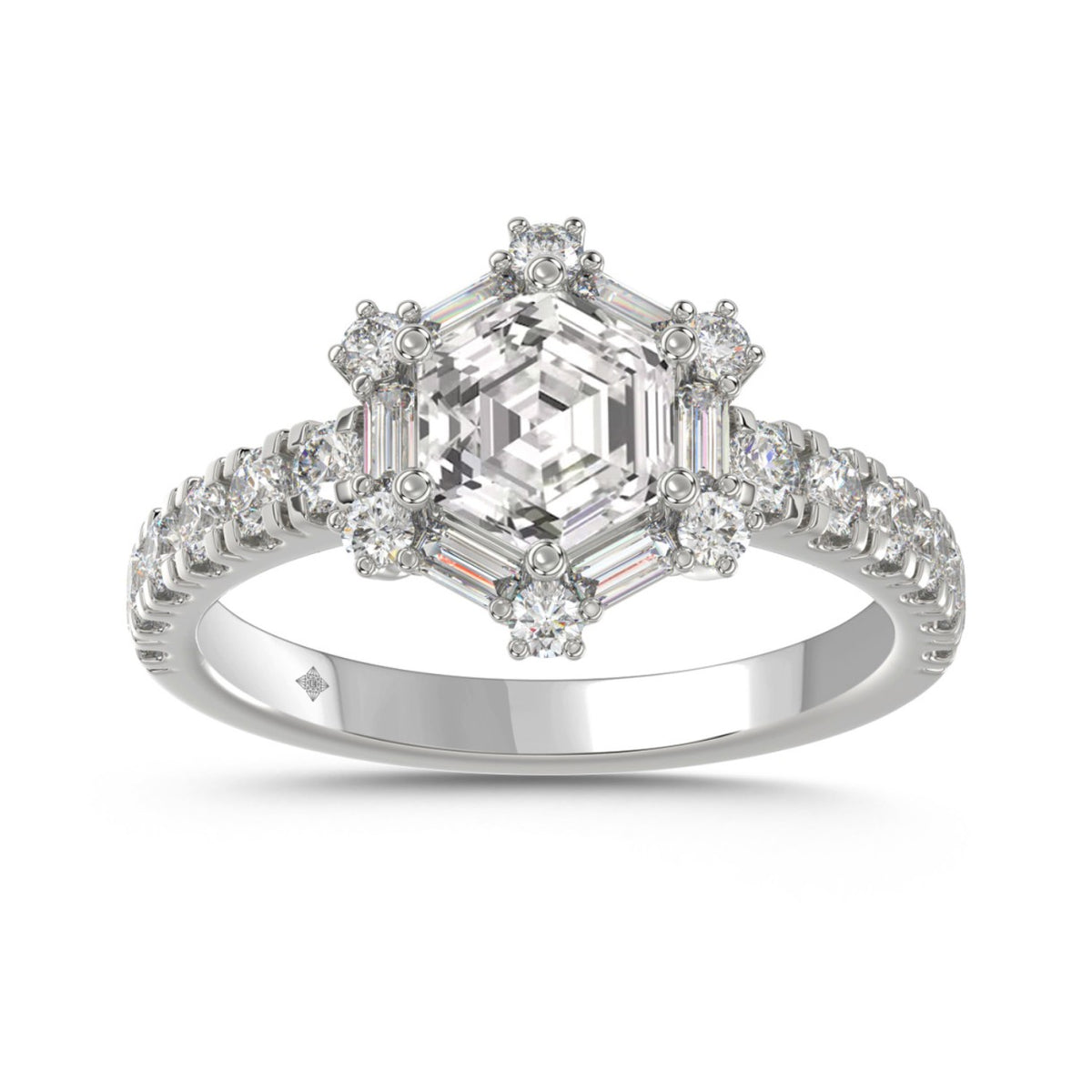 14K WHITE GOLD 1 3/4CT ROUND/BAGUETTE/HEZAGON STEP CUT DIAMOND LADIES RING