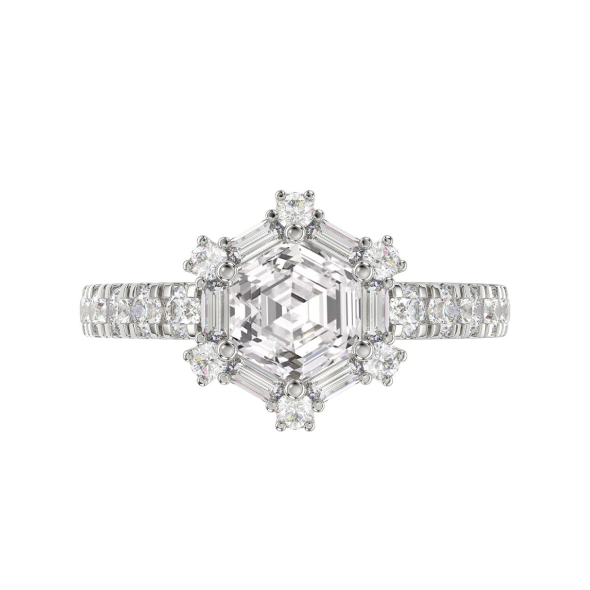14K WHITE GOLD 1 3/4CT ROUND/BAGUETTE/HEXAGON STEP CUT DIAMOND LADIES RING