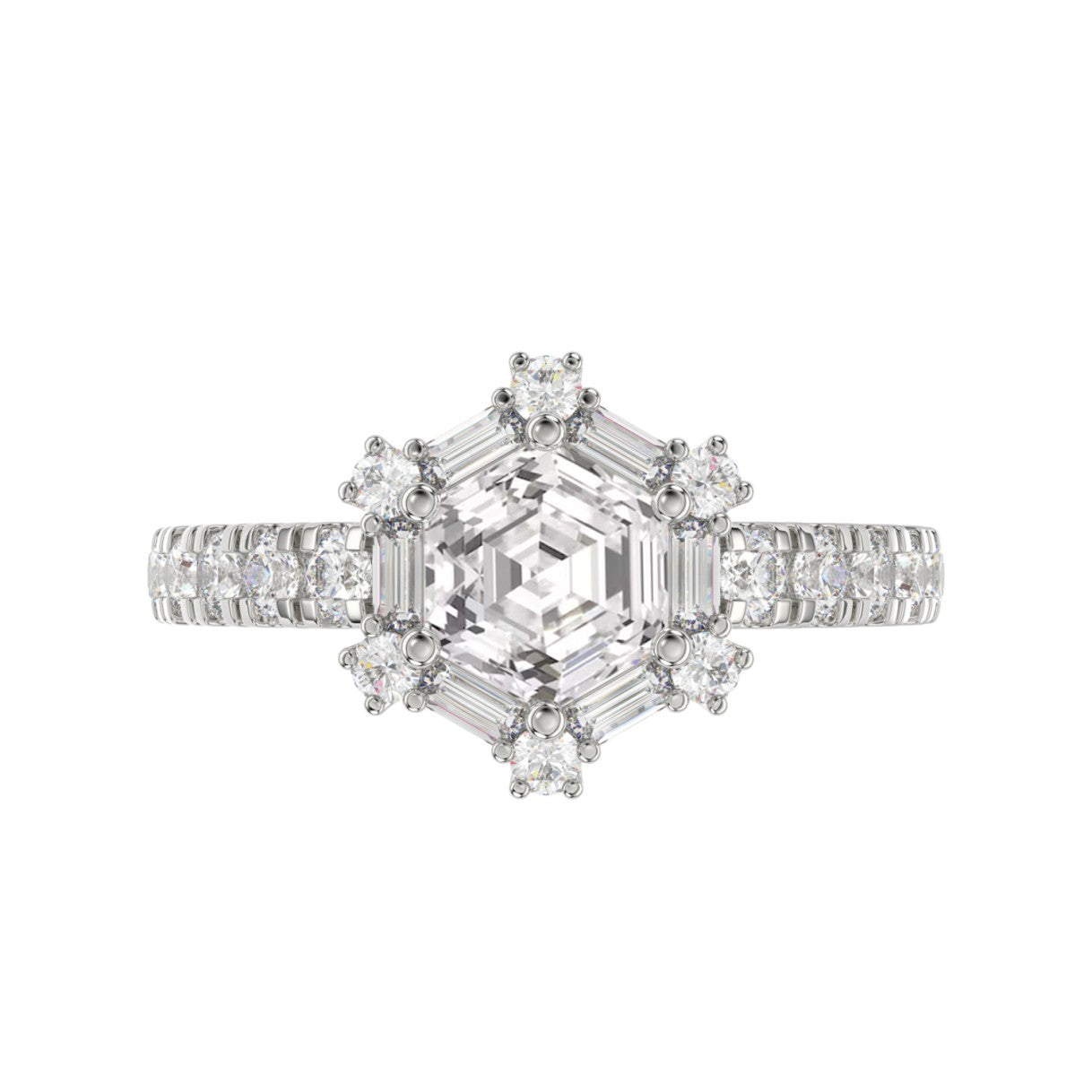 14K WHITE GOLD 1 3/4CT ROUND/BAGUETTE/HEZAGON STEP CUT DIAMOND LADIES RING