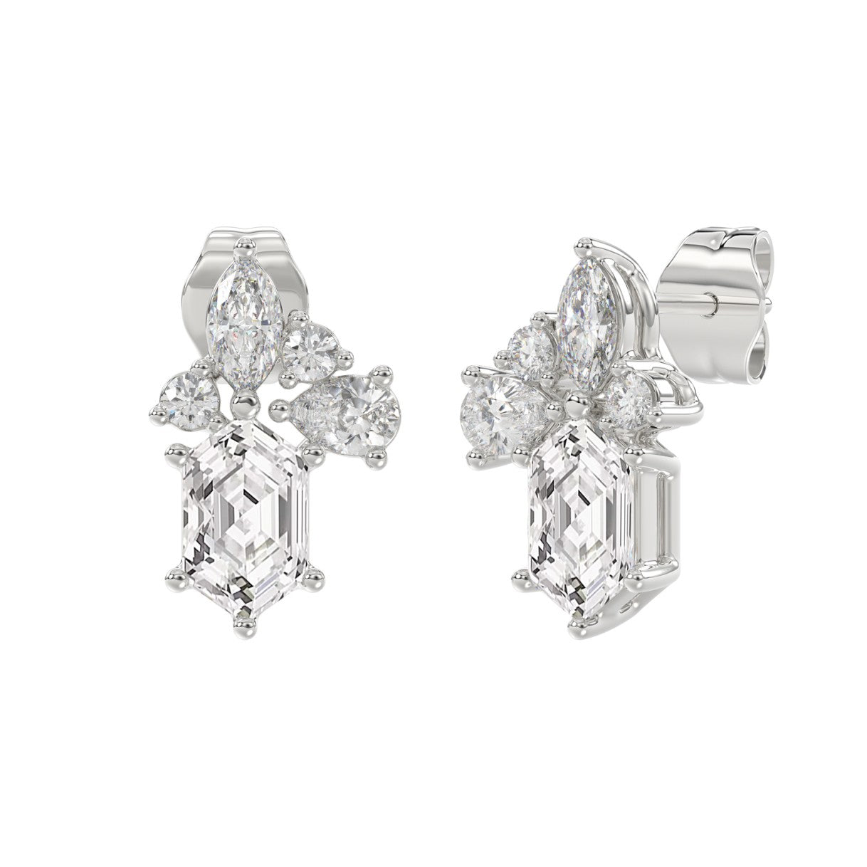 14K WHITE GOLD 1 1/2CT ROUND/MARQUISE/PEAR/HEXAGON STEP CUT LADIES EARRINGS