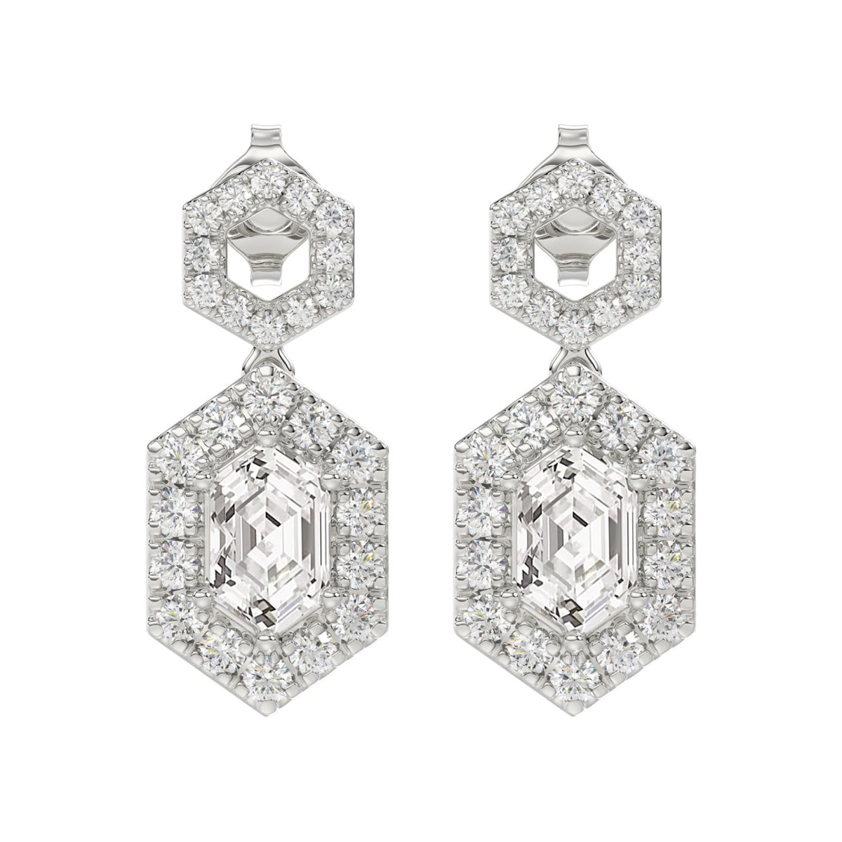 14K WHITE GOLD 2 1/4CT ROUND/KITE STEP CUT DIAMOND LADIES EARRINGS