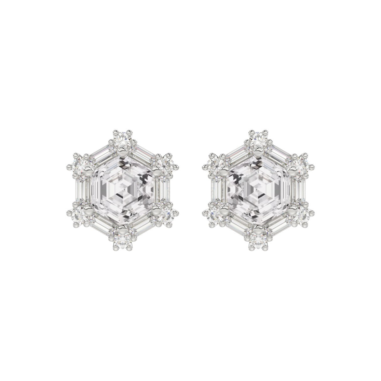 14K WHITE GOLD 1 1/4CT ROUND/BAGUETTE/HEXAGON STEP CUT DIAMOND LADIES EARRINGS