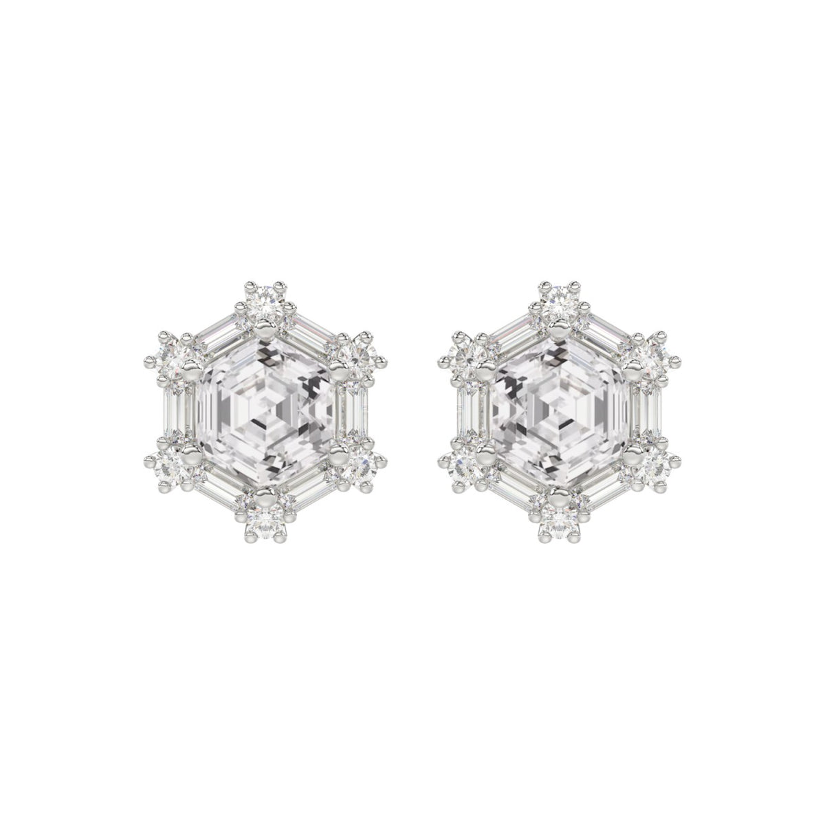 14K WHITE GOLD 1 1/4CT ROUND/BAGUETTE/HEXAGON STEP CUT DIAMOND LADIES EARRINGS